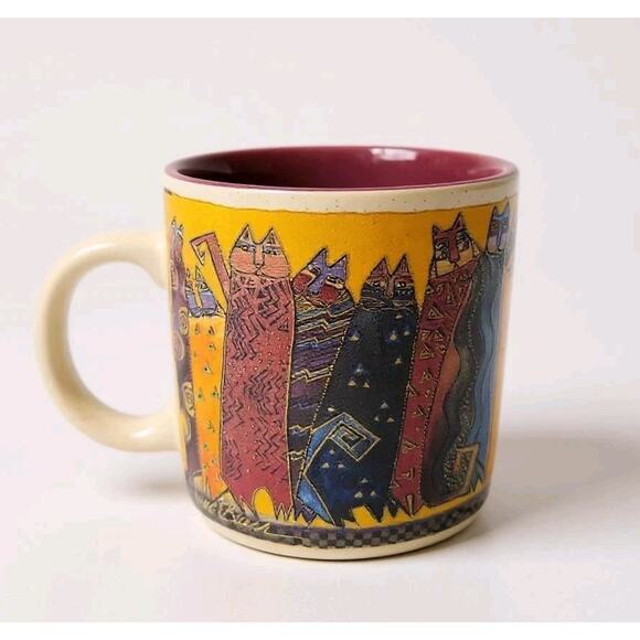 Laurel Burch Coffee Mug Wine Things Santa Fe Felines 2004 Multicolor & Gold EUC - Picture 1 of 9